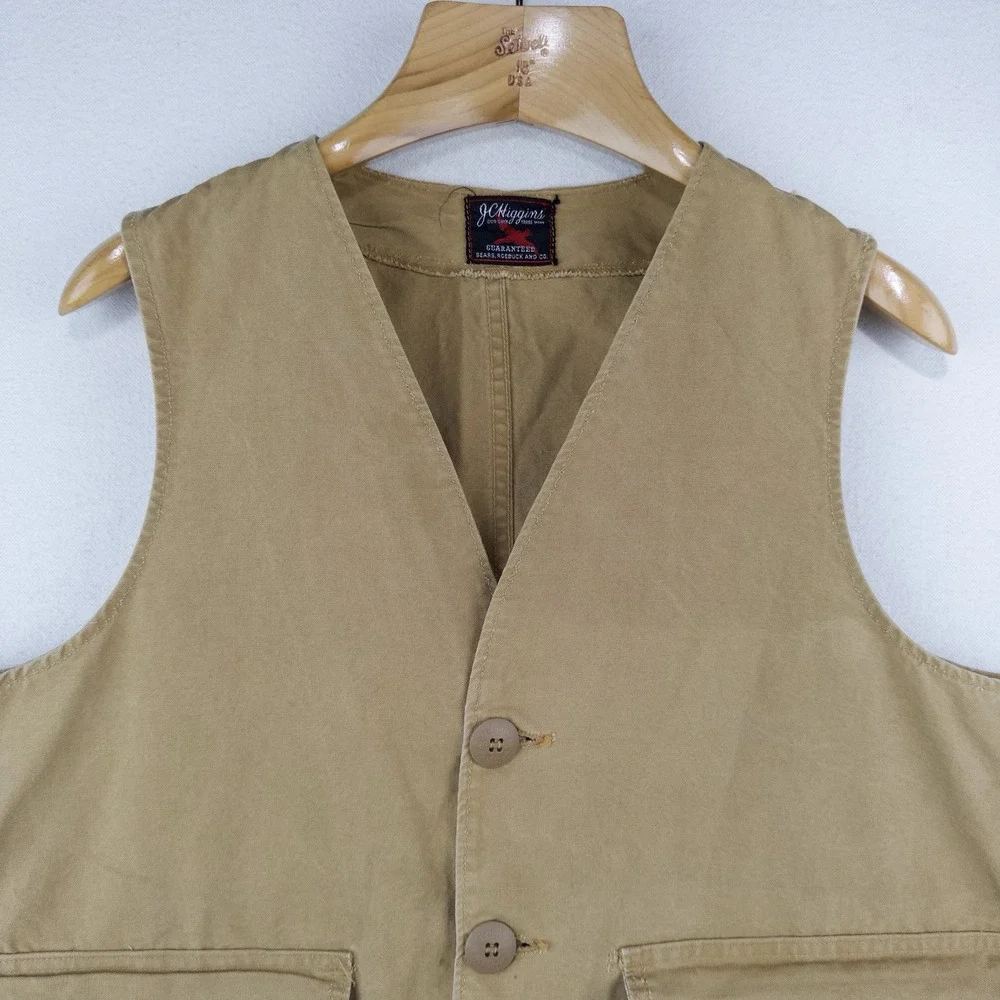 50's Vtg JC Higgins Hunting Shooting Vest Mens L (44) Canvas Khaki Tan Sportsman
